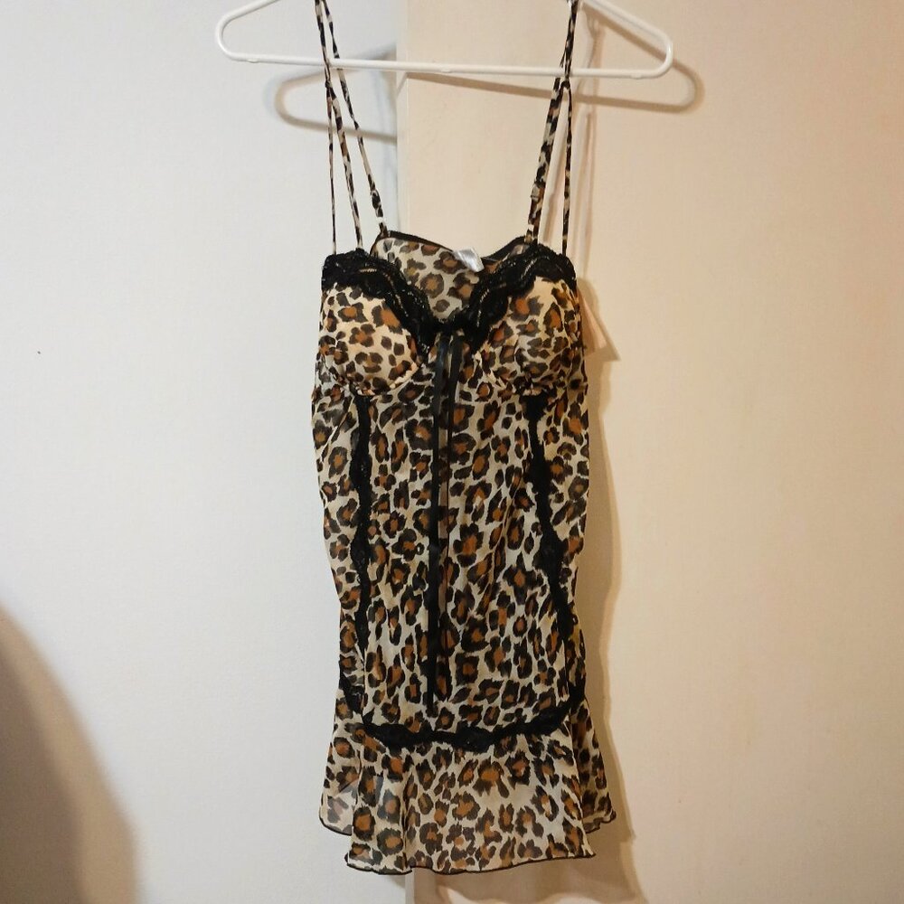NWT ~ Cliche's Semi-Sheer Leopard Print Babydoll & Thong Panty Set (Size: Large)